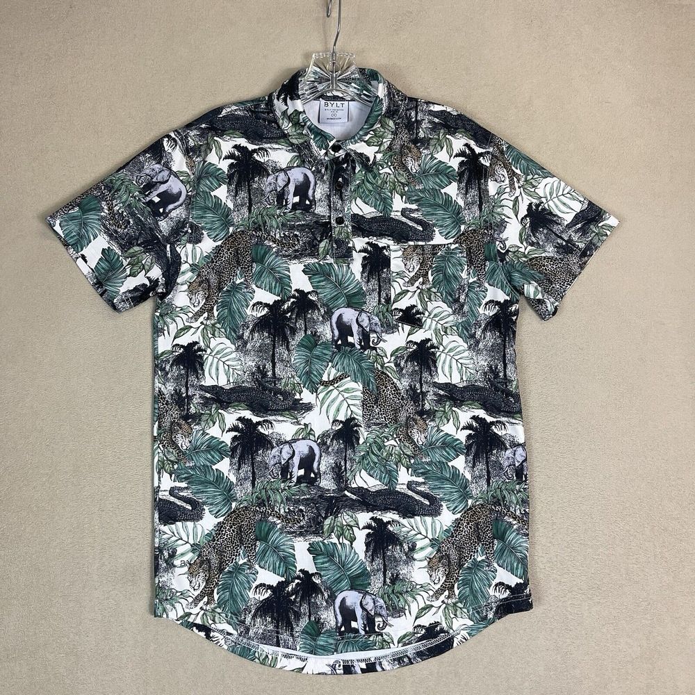 BYLT Polo Shirt Mens Small Multicolor Animal Print Golf Short Sleeve Stretch